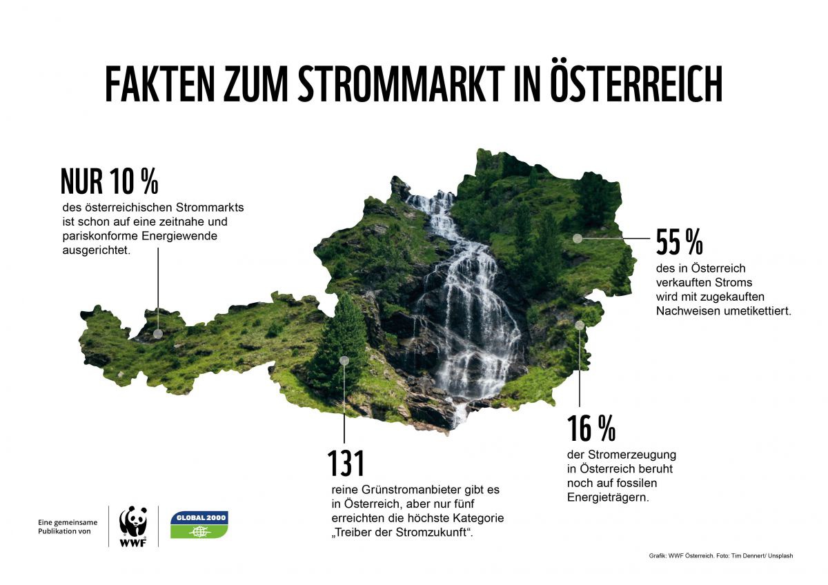 Bild von Wald und Wasserfall in Form Österreichs umgeben von Fakten zum Strommarkt in Österreich.