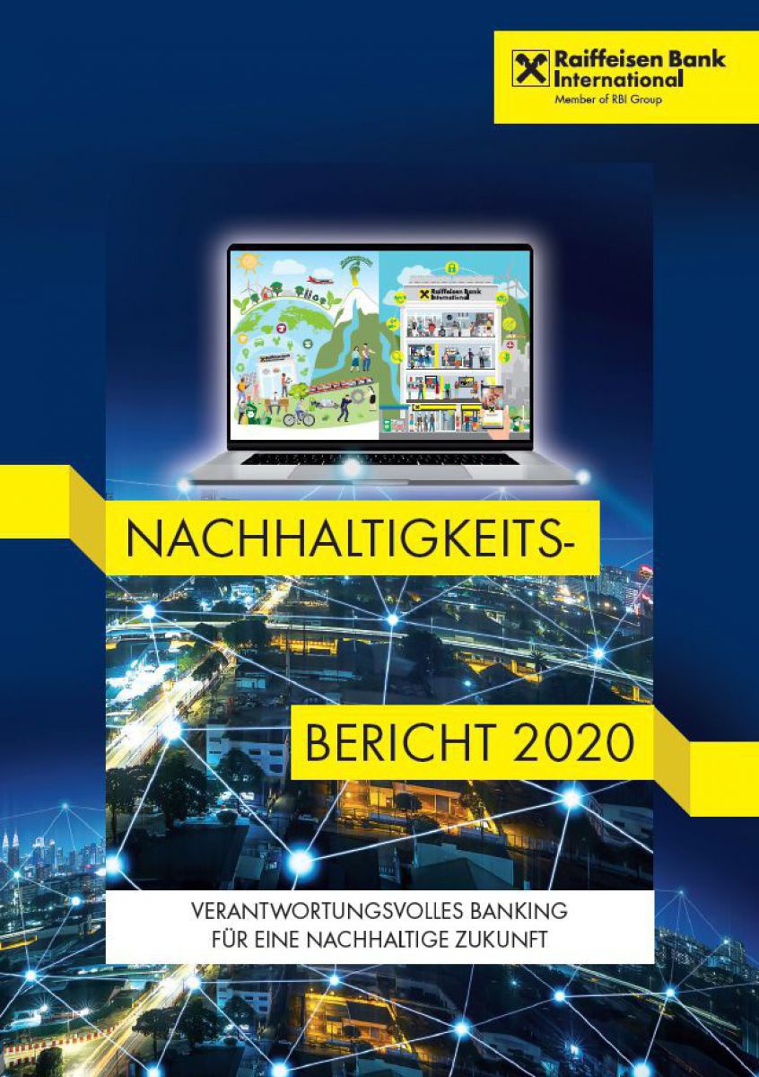 Au der oberen Hälfte des Covers sieht man den Bildschirm eines Laptops mit einem gezeichneten Bild der Erde, mit Menschen und Pflanzen darauf. Und einem Raiffeisenhaus, indem Menschen ihrer Arbeit nachgehen.
Unter dem Bildschirm sieht man ein Foto auf ei