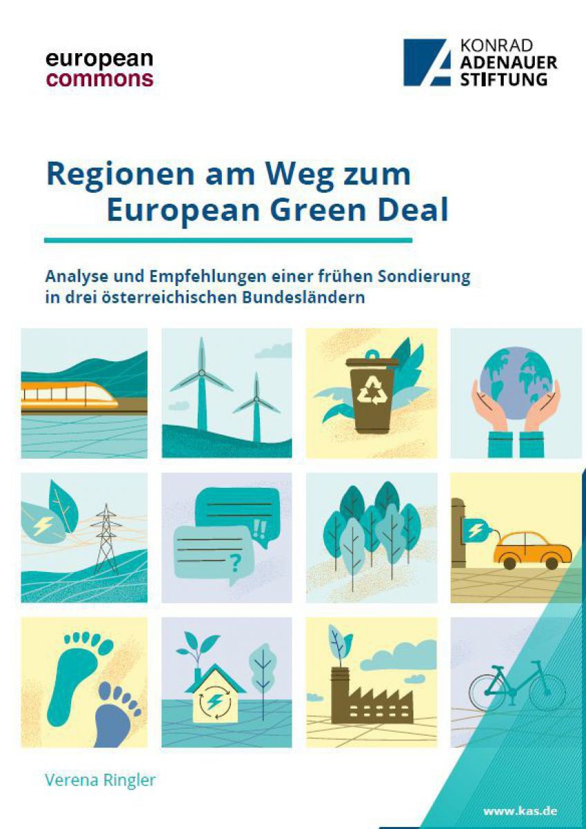Regionen am Weg zum European Green Deal - Cover des Berichts mit Illustrationen von Bahn, Windrädern, Recycling Zeichen etc.