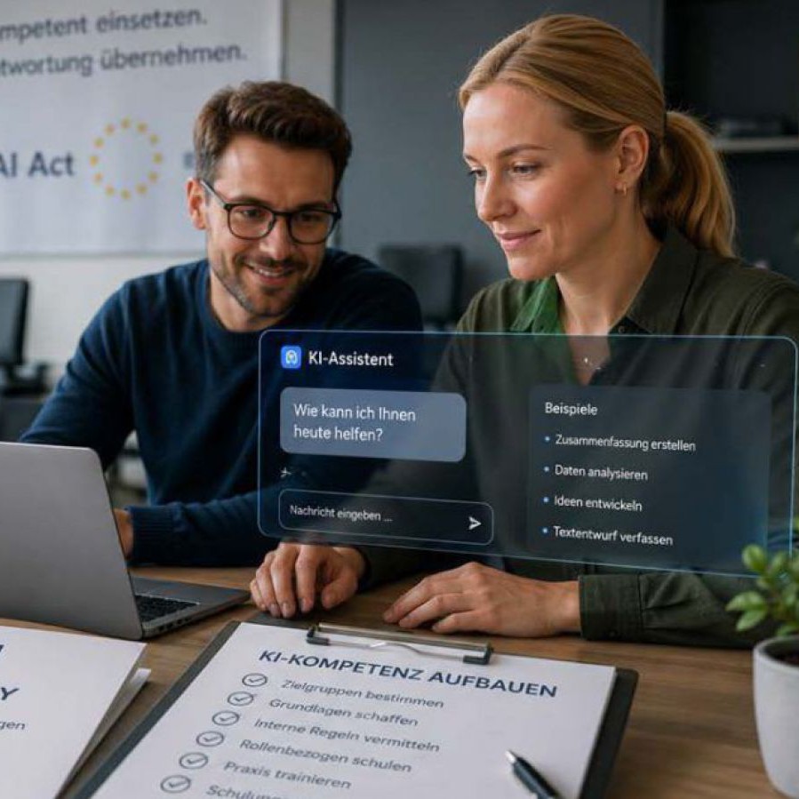 In einem Büro, drei Mitarbeiter*innen vor ihren Laptops, zwei arbeiten gerade zusammen, das virtuelle Fenster eines KI-Assistenten schwebt vor ihnen in der Luft.