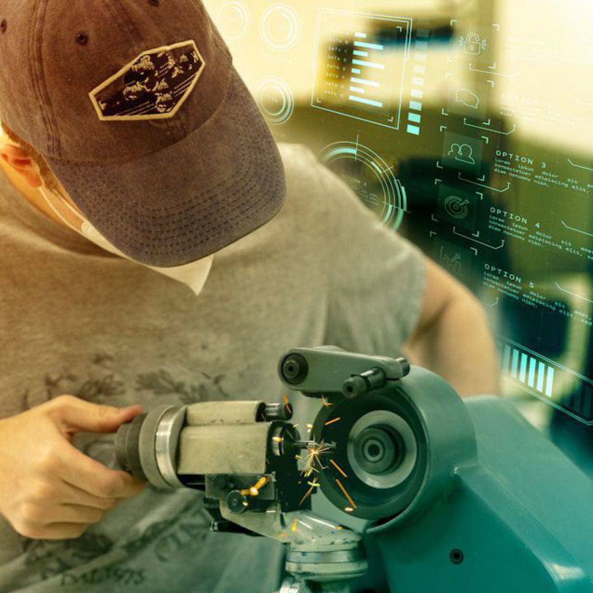 Eine Person, deren Gesicht von einer grauen Schirmkappe verdeckt ist, arbeitet an einer Maschine zur präzisen Metallbearbeitung. Im Hintergrund ein großer Bildschirm mit den digitalen Steuerungspanelen.
